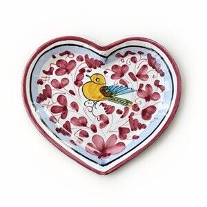 Mario Sambuco Deruta Italy Heart Trinket Dish Hand Painted Bird Floral Pottery